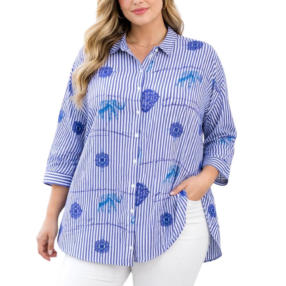Chico’s Tunic Top Size 4 (XL)  Blue White Stripe Elephant Print Button Front